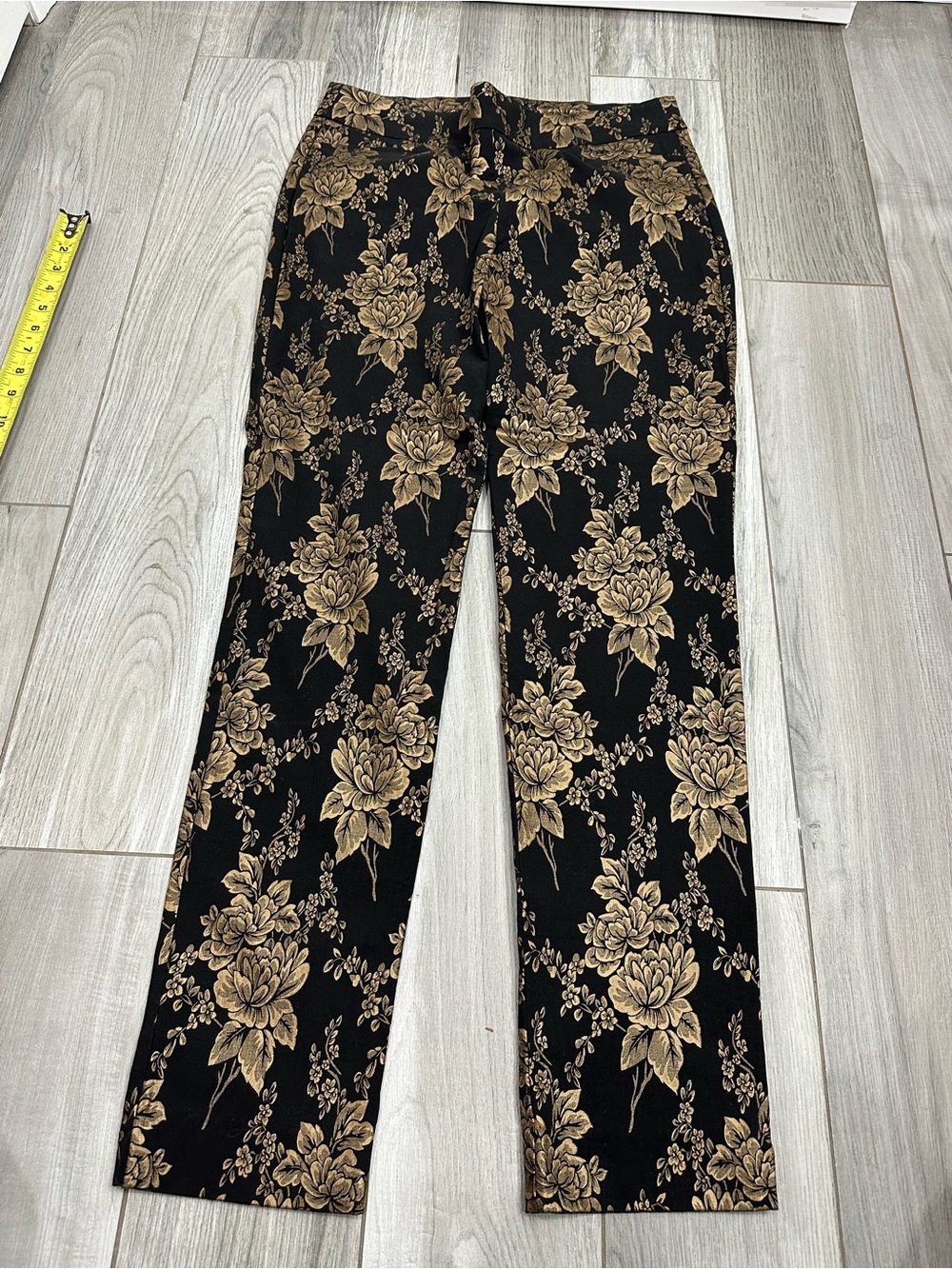 Chico's Black Pants with Metallic Gold Floral Print